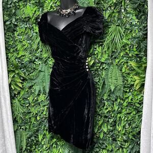 VINTAGE‎ BARI JAY Dress Women 8 Black Off Shoulder Velvet Pleated Ruched 2622